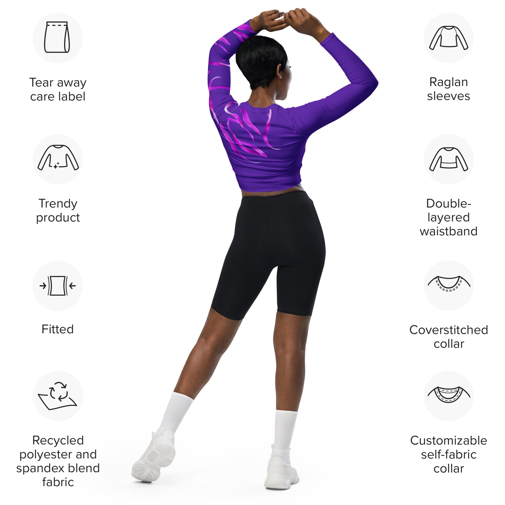 Purple & Pink crop top. Long-sleeved gym or dance top and streetwear. Women's yoga or fitness top. La Danza by WickedYo